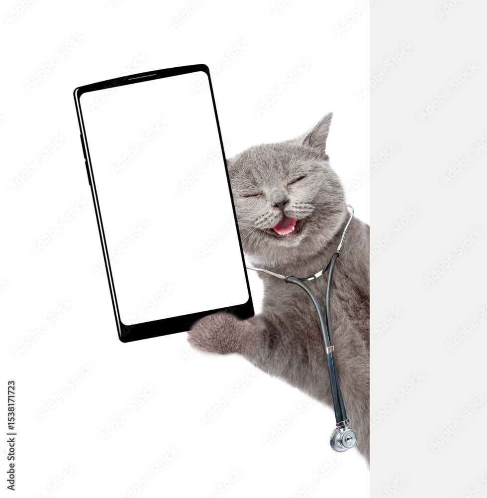 Poster Happy cat wearing like a doctor with stethoscope on his neck showing big smartphone with blank screen in it paw from behind blank white banner. Empty space for text. isolated on white background