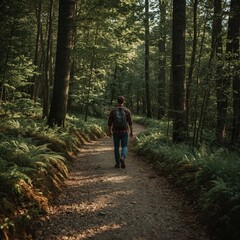 A young Caucasian man walks through a serene forest trail, surrounded by lush greenery and dappled sunlight.