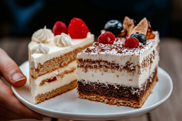 Pastry chef skillfully decorates a cake with fresh fruits and cream