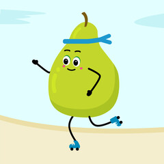 A cute, strong pear. The concept of classes in the gym with the image of pear, health, fitness