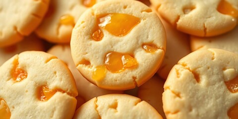 Close-up of delicate candied citrus shortbread cookies, showcasing texture and vibrant color,   christmas baking,   texture