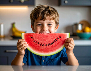 Un niño sonriente con una jugosa raja de sandia en las manos, alimento perfecto para una dieta saludable y para la sed del verano