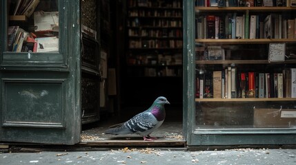 Pigeon Perched at Bookstore Entrance with Bookshelves and Weathered Green Door