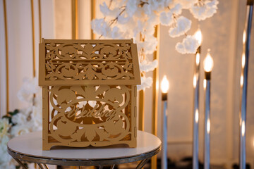 Elegant Wooden Wedding Card Box with Floral Accents and Gold Decor: Rustic Reception Centerpiece...