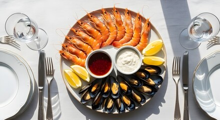 Seafood Platter with Prawns, Mussels, Dipping Sauces, and Lemon Wedges | Elegant Overhead Shot of Fresh Appetizers for Restaurants, Catering, and Gourmet Food Marketing