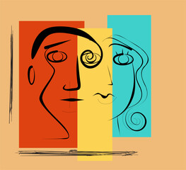 Abstract faces are depicted with simple lines and shapes, layered over three rectangular color blocks in red, yellow, and blue. minimalist design