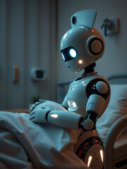 A cute robot nurse gently tucking in a patient, with its uniform glowing gently in the dimly lit hospital room, creating a peaceful atmosphere.