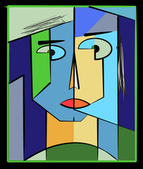 A composition features a stylized face with contrasting colors such as blue, green, and beige, outlined in black. The expression is abstract, emphasizing bold lines and asymmetrical shapes.