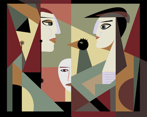 Geometric shapes and bold lines create abstract human profiles facing each other in a complex composition. The color palette features muted earth tones with accents of red and green.