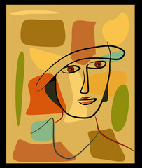 A stylized portrait features an abstract face with geometric shapes and a variety of muted colors. The background consists of overlapping shapes in earthy tones, adding depth and complexity.