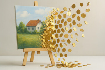 Oil painting of a house on canvas transforming into falling gold coins. Concept of art investment, monetization of creativity, and capital growth through collectible assets