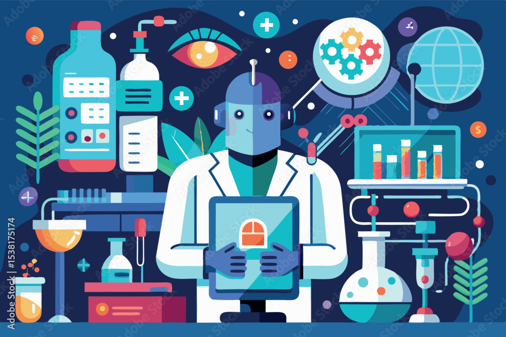 Poster robot scientist in a high-tech laboratory conducting research on artificial intelligence and robotic