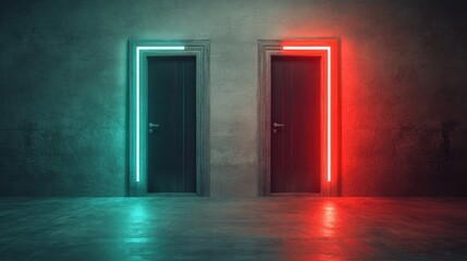 Two doors illuminated by neon lights in a dimly lit room.