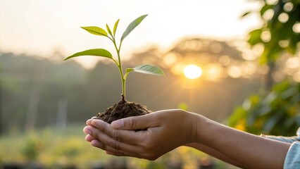 Hands holding young green plant with soil in morning sunlight. Concept of growth, sustainability, environment, and eco-friendly agriculture. Nature care and reforestation.