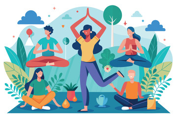 Group practice of yoga in a serene nature setting during daylight