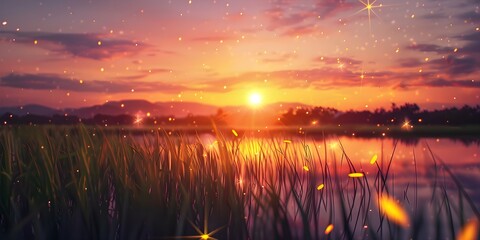 Marsh at Dusk with Fireflies Ai generate