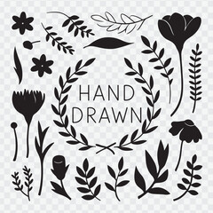 Hand drawn floral ornaments. Decorative flower, leaf and branch for wedding invitation design. Nature elements vector 
