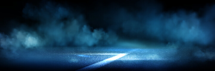 Obraz na płótnie Canvas Blue lit asphalt road with white marking in smoke clouds. Night race atmosphere with glowing pavement surface on dark bg. Dramatic fog effects in mysterious street scene for auto or speed competition.