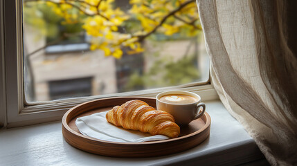 Cozy Window Scene Real Aesthetic Wallpaper Background with Coffee and Croissant