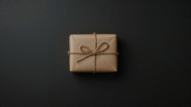 Gift wrapped in brown paper on dark background