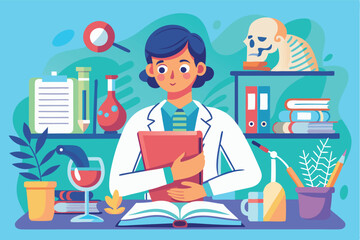 Scientist working in a laboratory surrounded by scientific equipment and books during the day