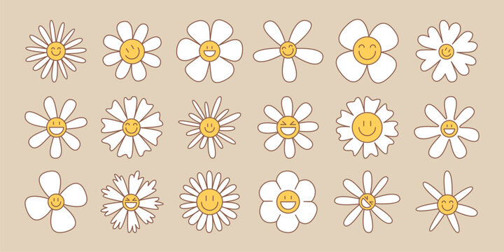 Retro daisy flower set in groovy style - white blooms with various petal shapes on beige background. Vintage botanical collection for hippie designs, 70s graphics or nostalgic decorative elements.