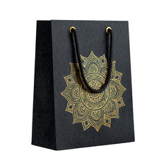 Luxury black gift bag with gold mandala design isolated on transparent background
