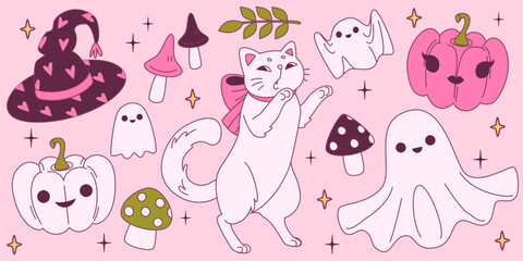 Pink coquette Halloween collection - witch hat with hearts, colorful mushrooms, autumn leaf branch, white cat wearing bow, cute ghosts, pumpkin jack o lanterns with faces, stars scattered around.