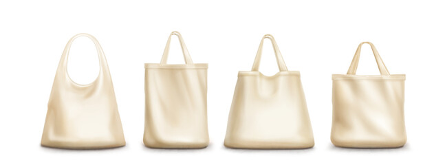 Cream tote bag mockup set - canvas shopping sac with handles in different styles. Blank fabric shopper templates for branding, eco friendly reusable grocery carriers and fashion accessories design.