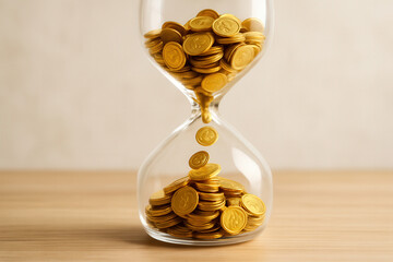 Hourglass filled with gold coins instead of sand, symbolizing retirement savings, long term investments, and the value of time in wealth accumulation