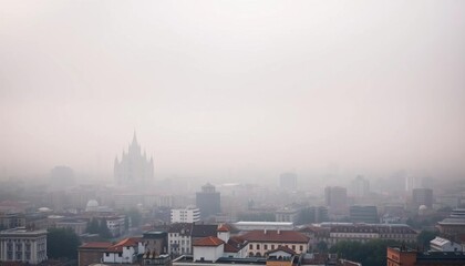 Fototapeta premium Thick smog obscures Milan's skyline, a hazy grey blanket , haze, milan