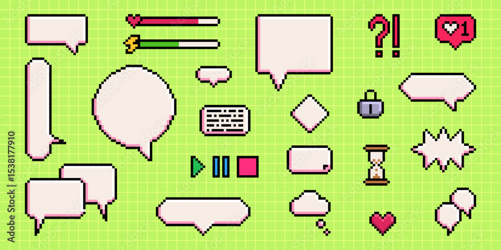 Poster pixel speech bubbles set on green grid background - retro 8 bit chat boxes, dialogue balloons with h