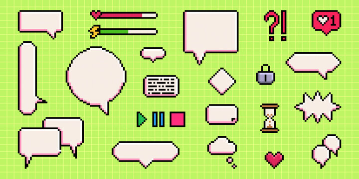 Pixel speech bubbles set on green grid background - retro 8 bit chat boxes, dialogue balloons with hearts, question marks and game UI element. Vintage message frames for arcade gaming interface design