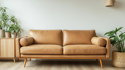 A comfortable brown leather sofa sits in a bright living room, creating a cozy atmosphere and inviting a feeling of relaxation 