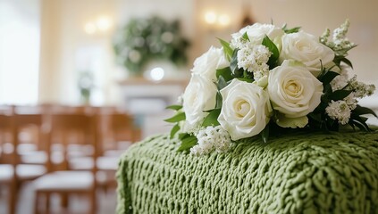 Green Knitted Casket Cover with White Roses in Bright Wedding Venue – Indoor Ceremony Scene with Chairs in Background