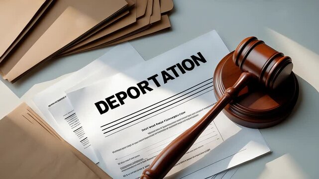 Deportation Document with Wooden Gavel and Legal Papers on Desk Surface