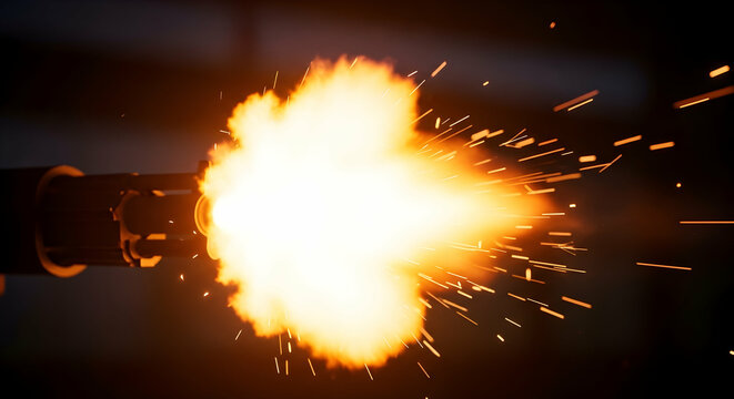 Gun firing with muzzle flash and sparks