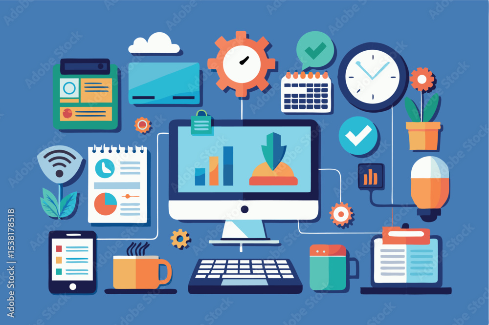 Poster digital workspace featuring productivity tools and data analysis graphics