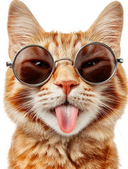Funny ginger cat wearing round sunglasses isolated on transparent background