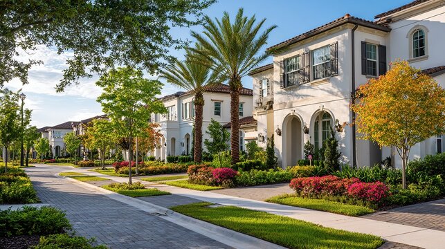 Suburban street lined with elegant homes, lush landscaping, and sunny skies