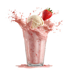 Strawberry milkshake with ice cream splash isolated on transparent background