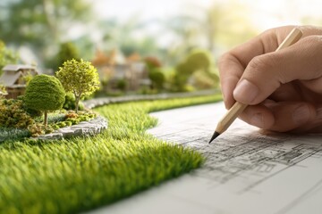 Hand sketching landscape design with miniature model on lush green lawn