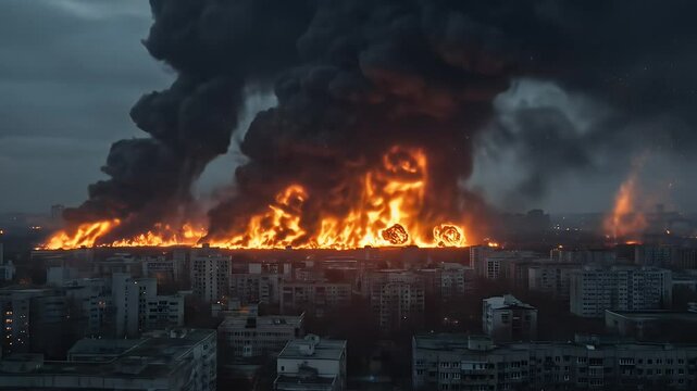 City ablaze fire and smoke engulf urban landscape in dramatic view
