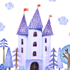 Princess poster. Baby girl winter design for nursery with snowy landscape and old castle. Watercolor illustration