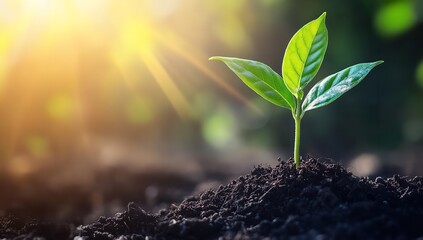 Young Plant Sprouting from Soil in Eco Garden – Sunlight Filtering Through Leaves Symbolizes New Life and Growth