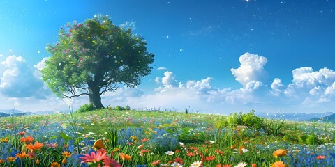 
Beautiful Summer Meadow with Colorful Wildflowers and Scenic Landscape 