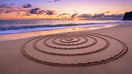 Coastal Spiral: At dawn, a captivating spiral design etched into the sands of a beach, framing the serene beauty of the ocean. The image is of sunrise, sky, nature's artistry, tranquility.