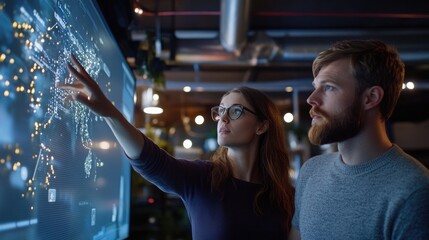 Business professionals analyzing data on large screen collaborative teamwork