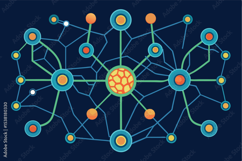 Poster colorful abstract representation of a network structure with nodes and connections