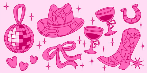 Pink disco cowgirl party elements - sparkly mirror ball, star patterned western boot with spur, decorative ribbon, horseshoe, hat, wine glasses tied with bows. Retro country music celebration icons